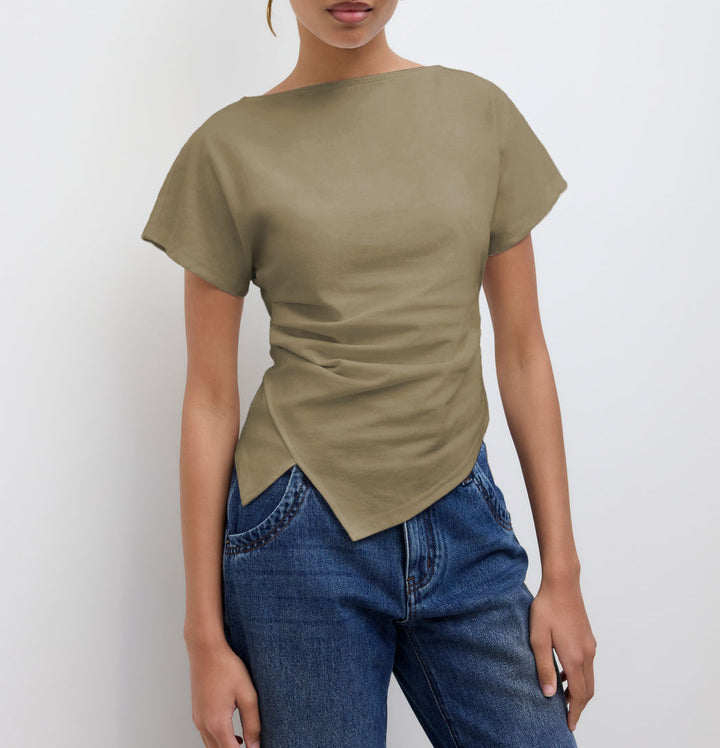 Damen Cropped T-Shirt mit asymmetrischem Schnitt und dekorativem Drapierungseffekt Drune
