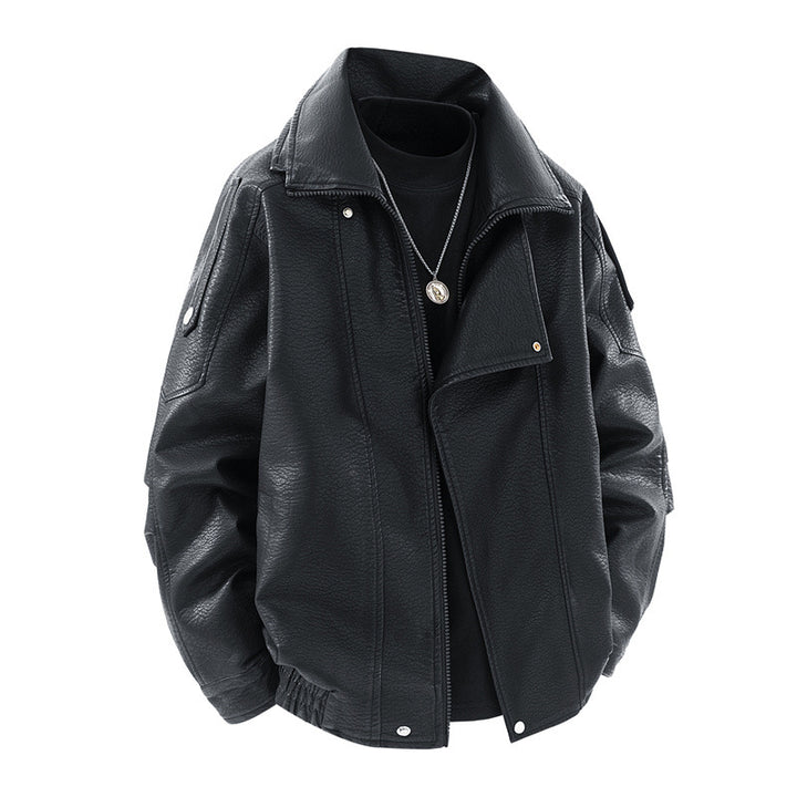Damen modische Kunstlederjacke mit hohem Kragen und praktischen Seitentaschen Drune