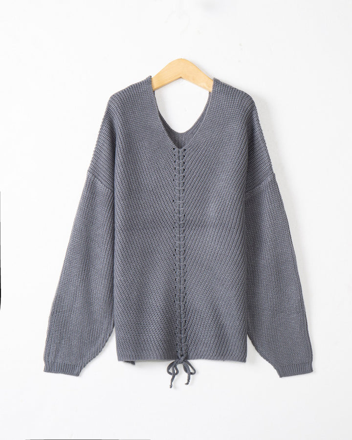 Damen Grobstrick Pullover mit attraktivem V-Ausschnitt und praktischen Kordeldetails Drune