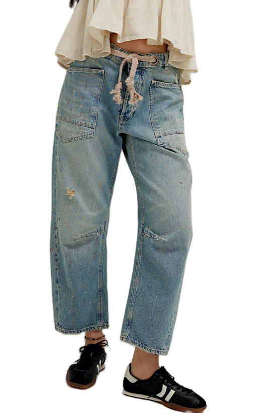 Damen nan hochgeschnittene Jeans im weiten Schnitt mit aufgesetzten Taschen und Kordelzug Drune