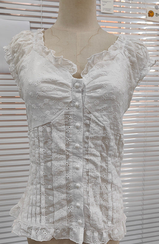 Damenbluse mit romantischem Rüschendesign und dekorativen Knopfdetails Drune