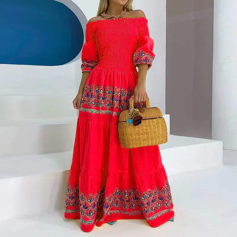 Damen Boho-Maxikleid mit schulterfreiem Design und verspieltem Stickereidetail Drune