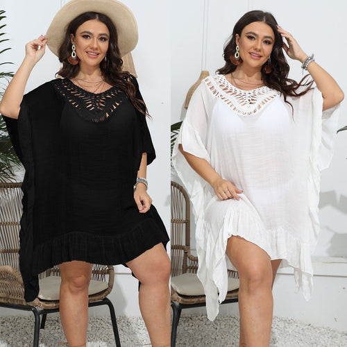 Damen luftiger Strandponcho mit gehäkeltem Ausschnitt Drune