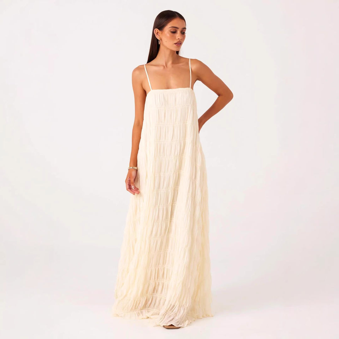 Damen Maxikleid mit romantischem Faltenstruktur und zarten Spaghettiträgern Drune