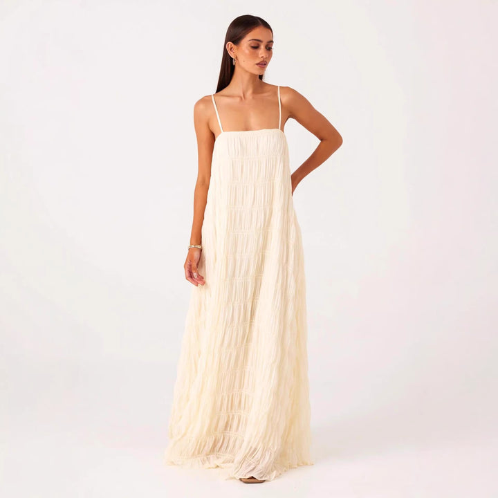 Damen Maxikleid mit romantischem Faltenstruktur und zarten Spaghettiträgern Drune