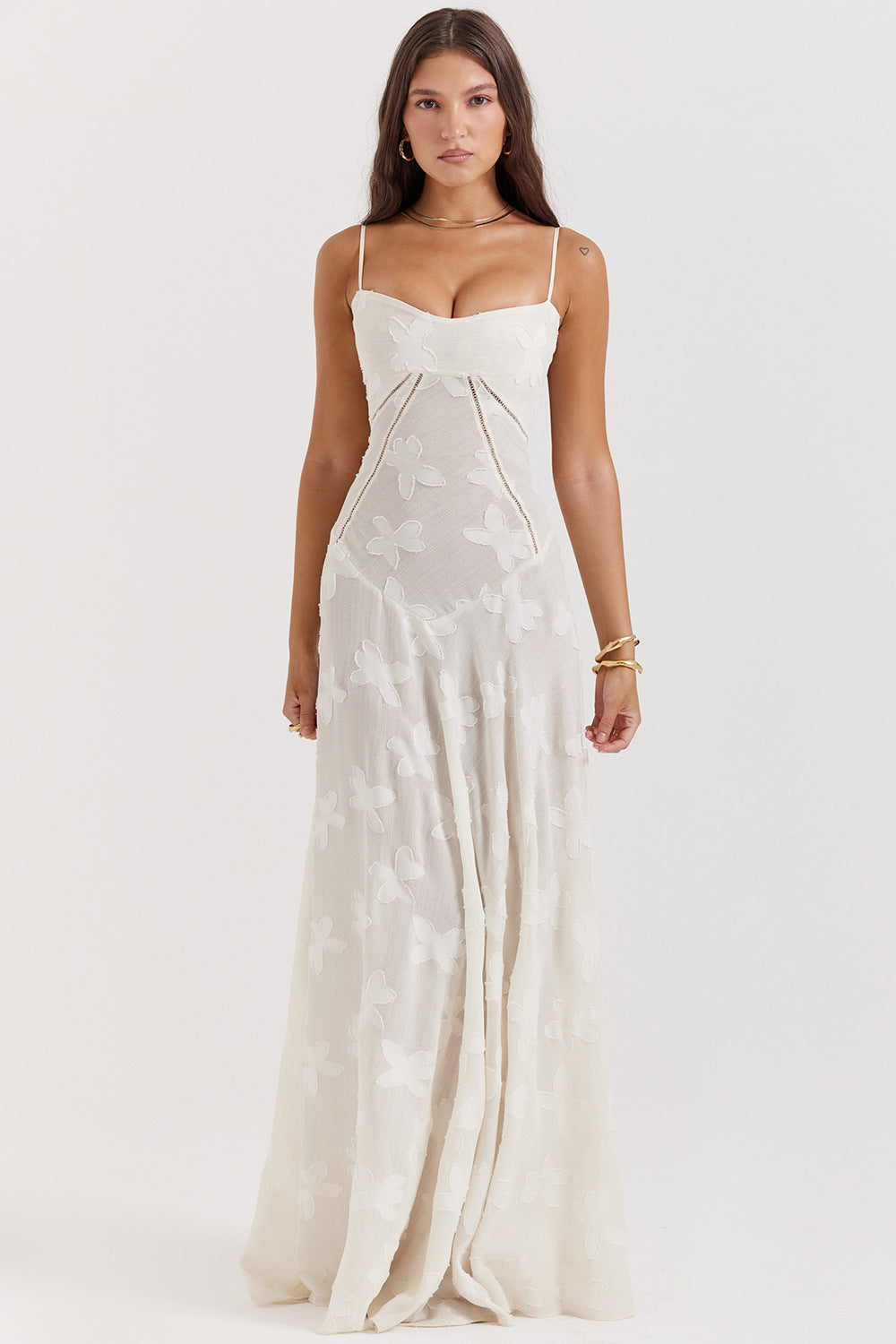 Damen Elegantes Maxikleid mit floralem Häkelmuster und raffiniertem Schnitt Drune