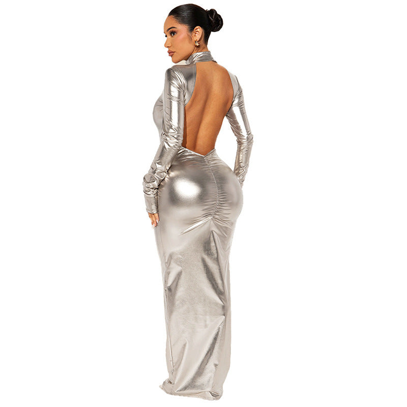 Damen Glänzendes Langarm-Maxi-Kleid mit hohem Kragen und figurbetontem Design Drune