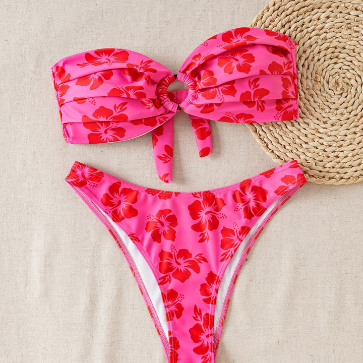 Damen Bandeau-Bikini-Set mit verziertem Knoten und floralem Muster Drune