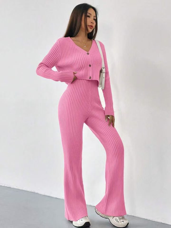 Damen Strick Set mit V-Ausschnitt und weitem Bein Drune