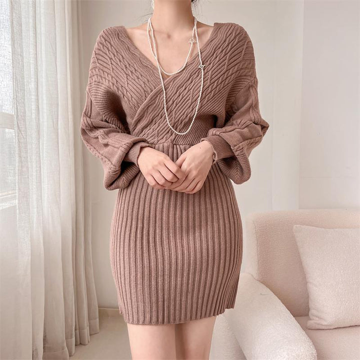 Damen Elegantes Strickkleid mit V-Ausschnitt und strukturiertem Oberteil Drune