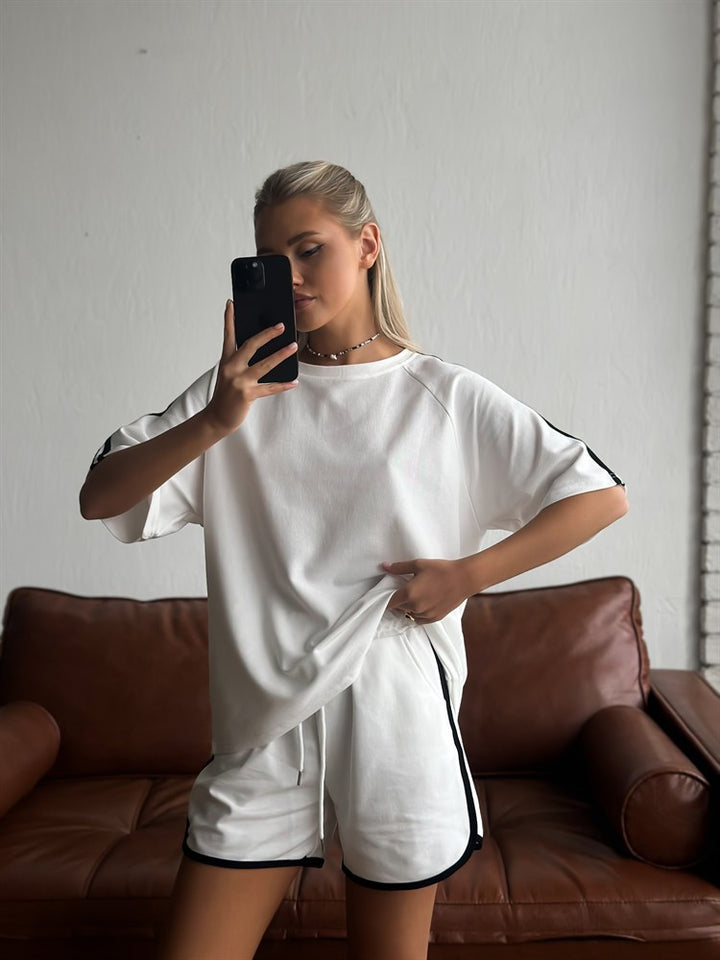 Damen sportliches Kurzarm-Set mit seitlichen Kontraststreifen und elastischer Taille Drune