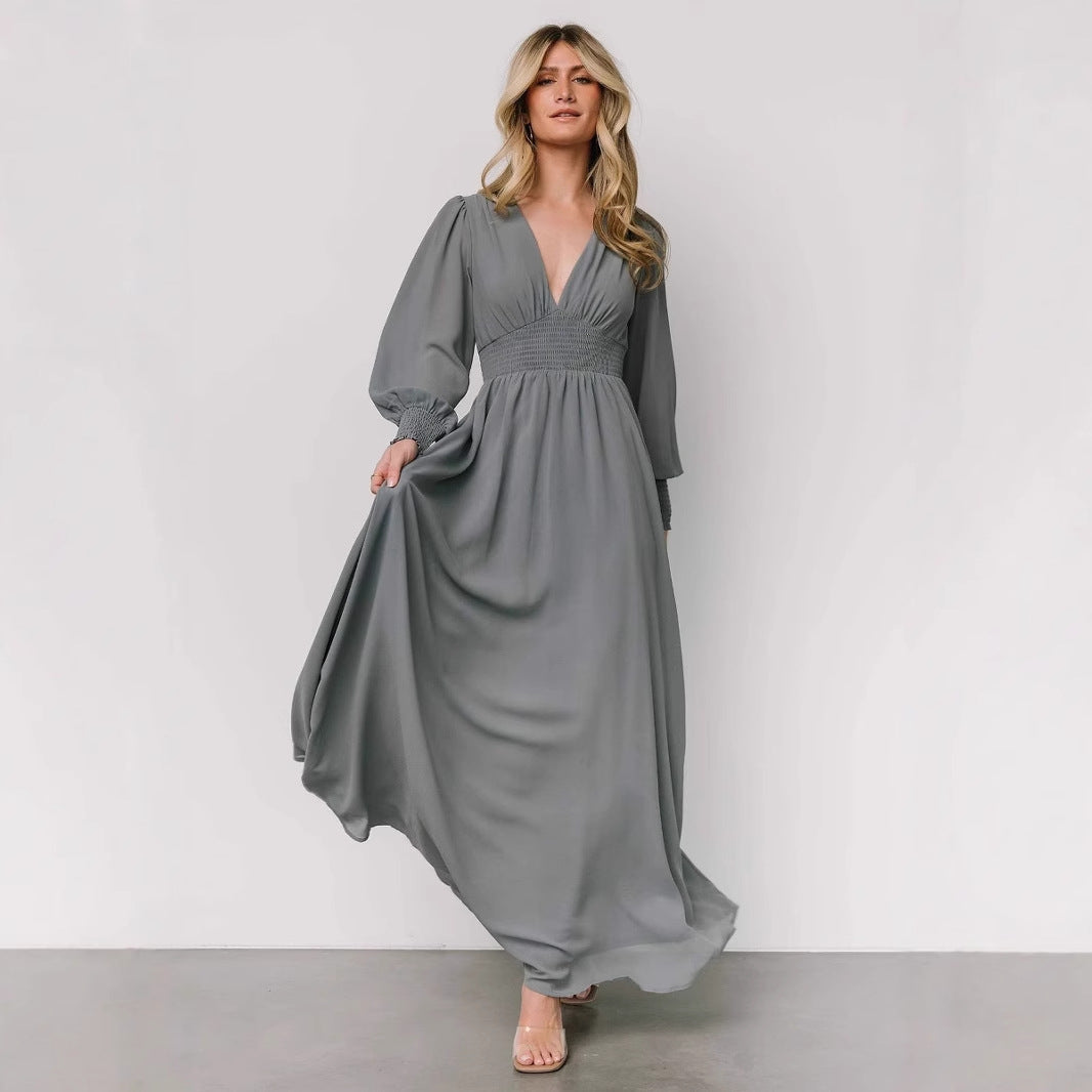 Damen elegantes Maxikleid mit V-Ausschnitt und transparenten Ärmeln Drune
