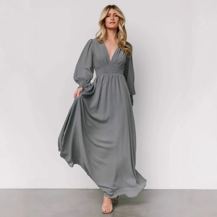 Damen elegantes Maxikleid mit V-Ausschnitt und transparenten Ärmeln Drune