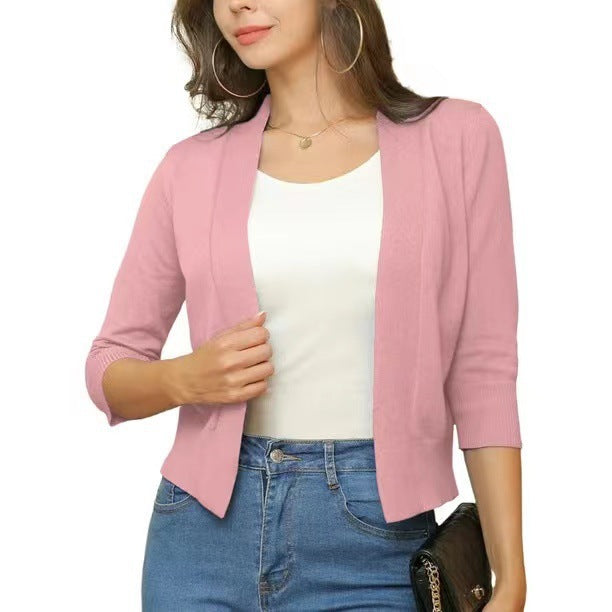 Damen nan offener Kurzcardigan mit dreiviertelärmeln und elastischem Saum Drune