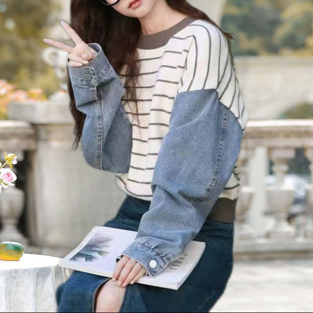 Damen modischer Sweater mit Denim-Ärmeln Drune