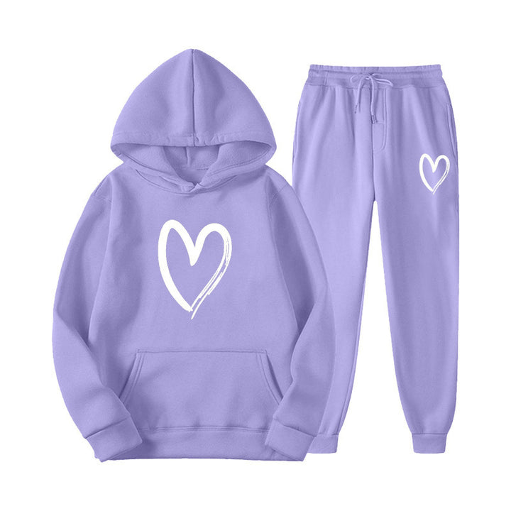 Damen Sweatsuit mit Kängurutasche und herzförmigem Print Drune