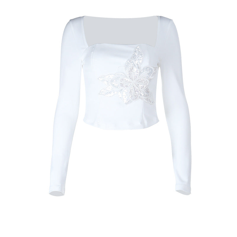 Damen Elegantes Langarmoberteil mit floralem Spitzenapplikation Drune