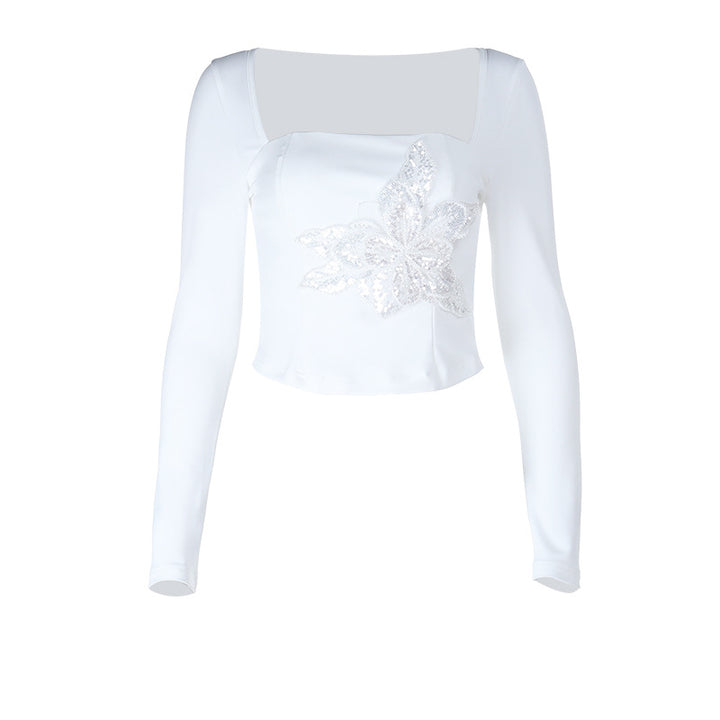 Damen Elegantes Langarmoberteil mit floralem Spitzenapplikation Drune