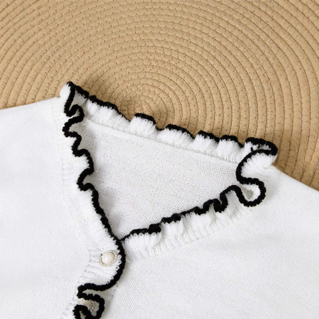 Damen Elegantes Sweatshirt mit Rüschendetails und Perlenknöpfen Drune