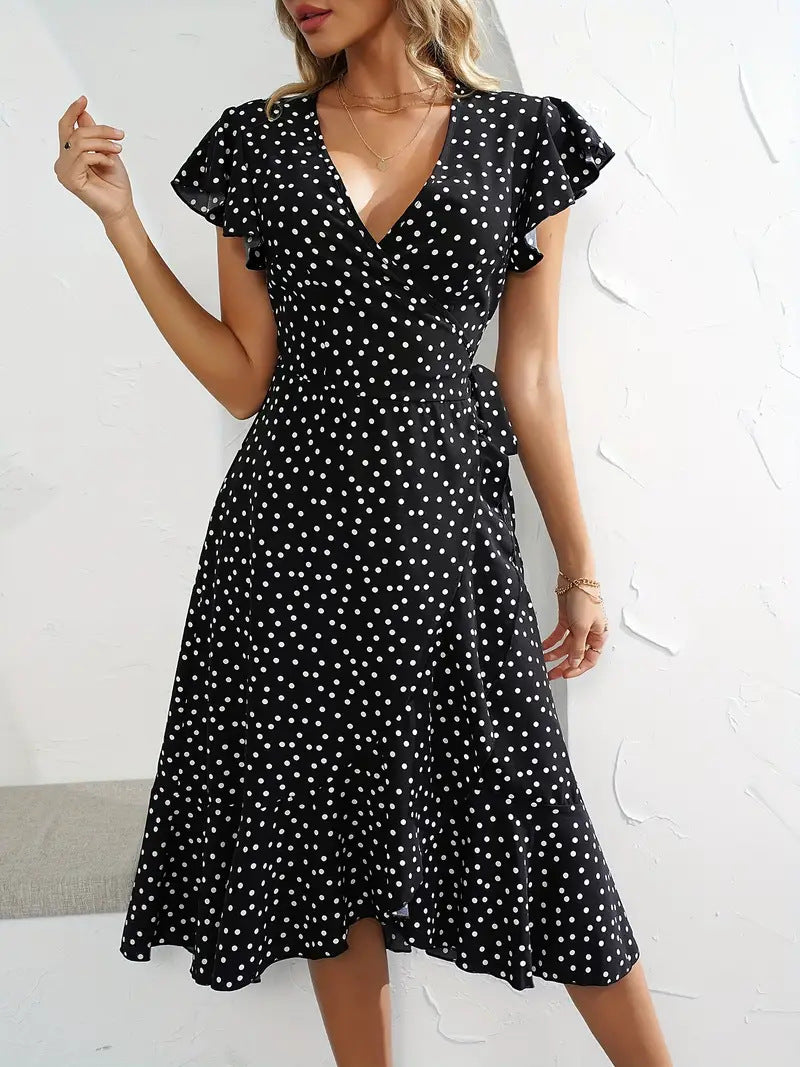 Damen Wickelkleid mit Punkten und verspieltem Rockaufschlag Drune