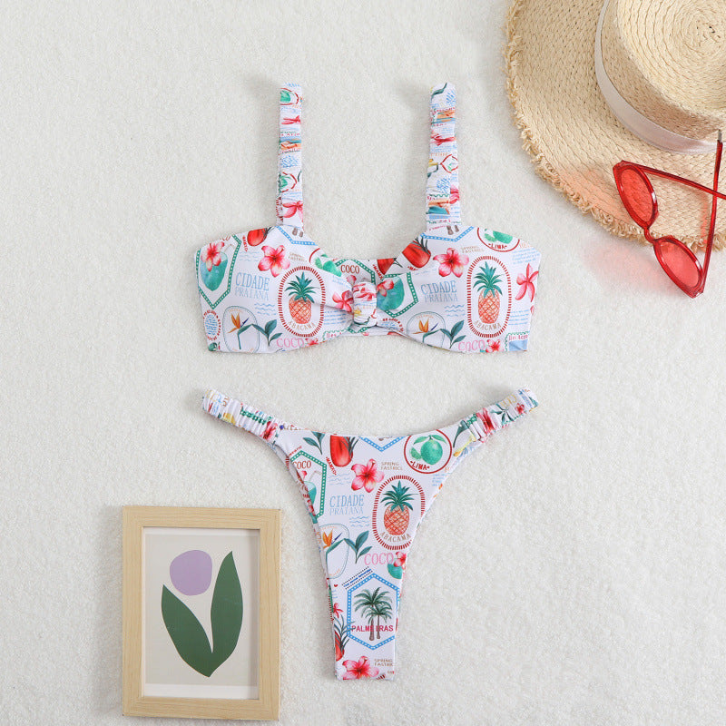 Damen Triangel-Bikini mit tropischem Druck und zarten Rüschen Drune