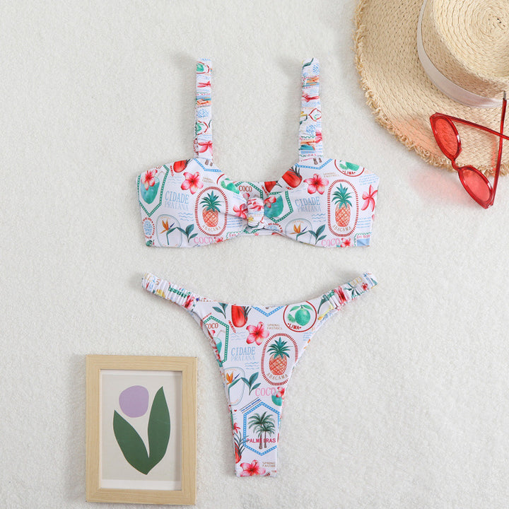 Damen Triangel-Bikini mit tropischem Druck und zarten Rüschen Drune