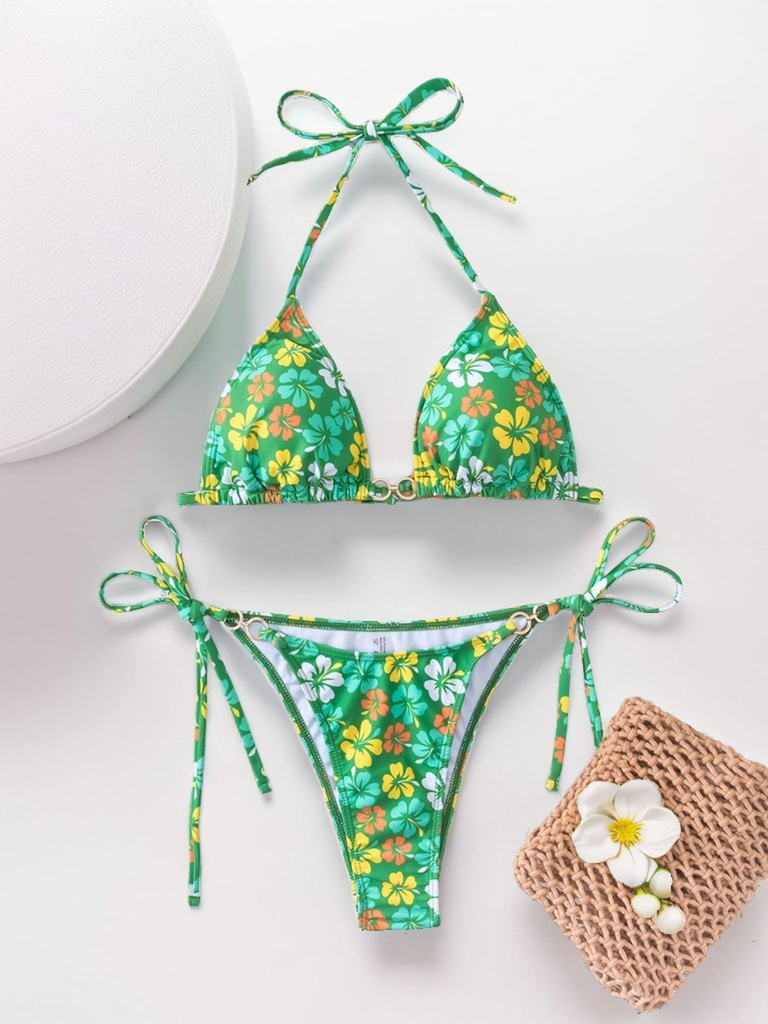 Damen Triangel-Bikini mit raffinierten Bindebändern und farbenfrohem Blumenmuster Drune