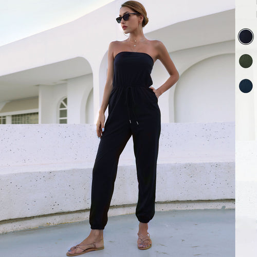 Damen Jumpsuit mit trägerlosem Schnitt und elastischem Taillengürtel Drune