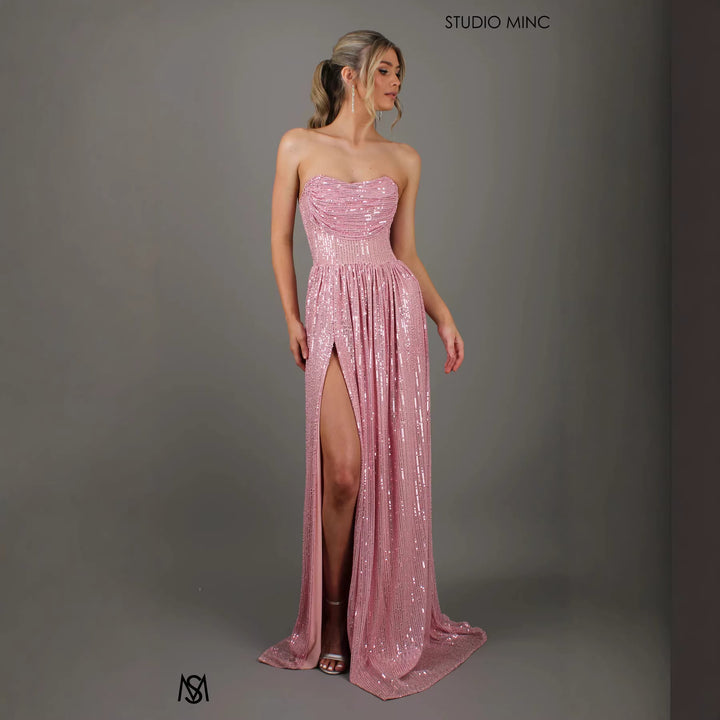Damen Glitzerndes und schulterfreies Abendkleid mit tiefem Schlitz Drune