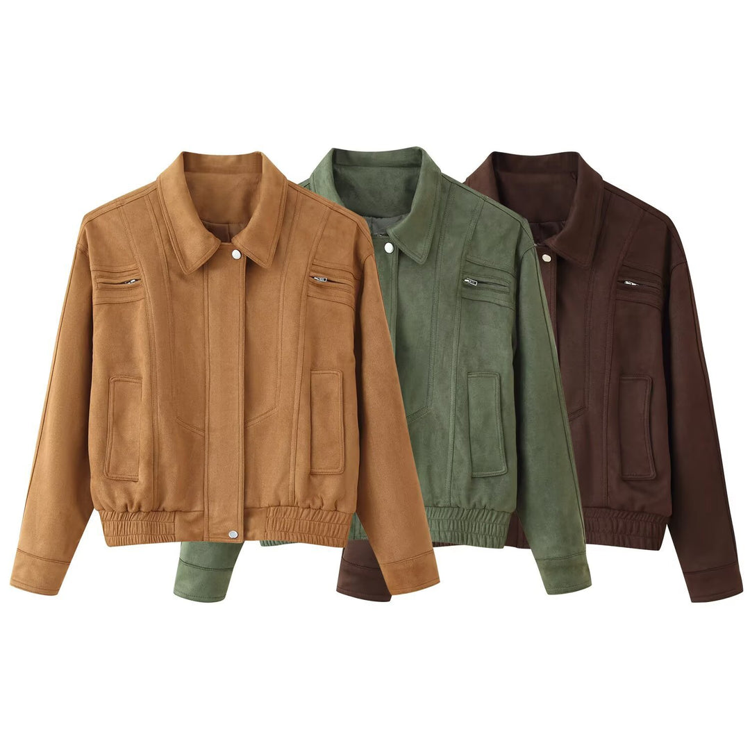 Damen elegante Wildlederjacke mit praktischen Taschen Drune