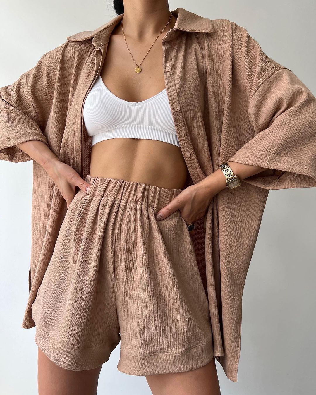 Damen lässiges Hemd und Shorts Set mit strukturiertem Stoff Drune