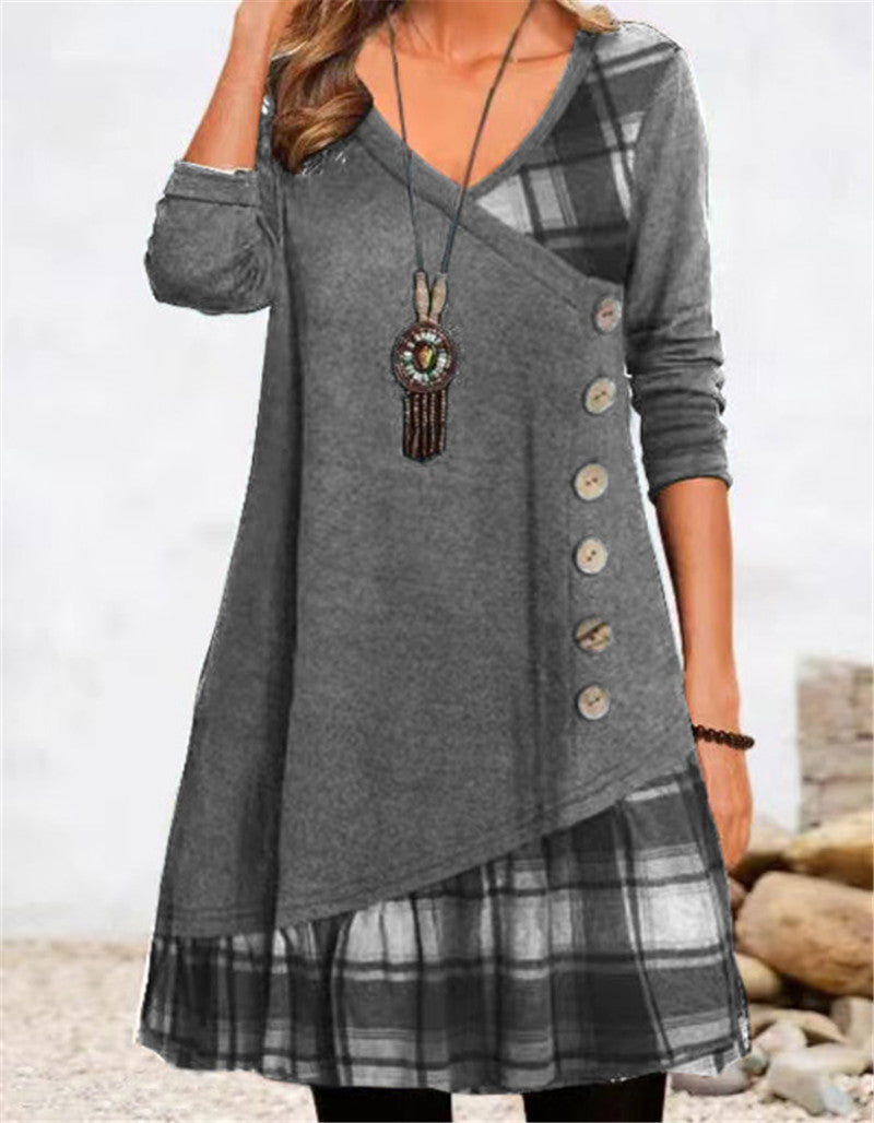 Damen asymmetrisches Freizeitkleid mit kariertem Saum und Knopfdetail Drune
