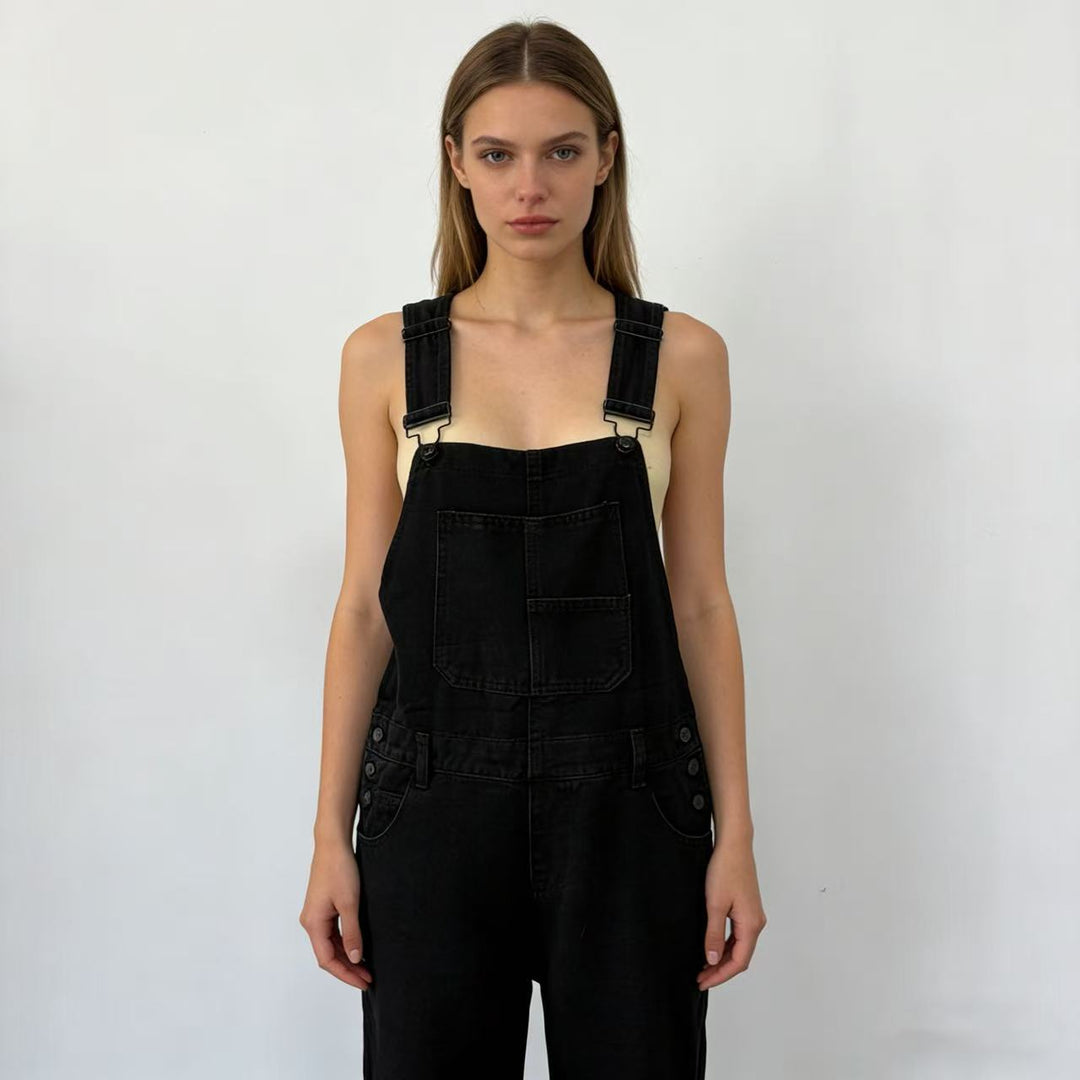 Damen nan weiche Denim-Latzhose mit weitem Bein, verstellbaren Trägern und Pattentasche Drune