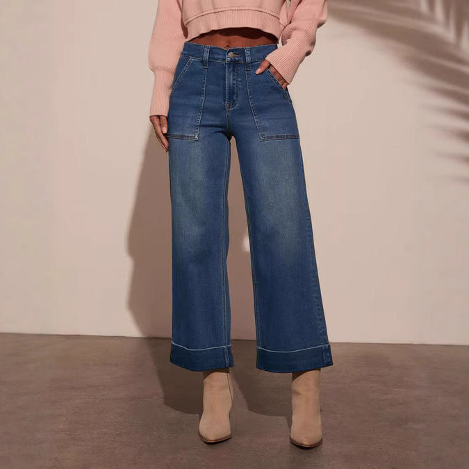 Damen weit geschnittene Denim-Hose mit hohem Bund Drune