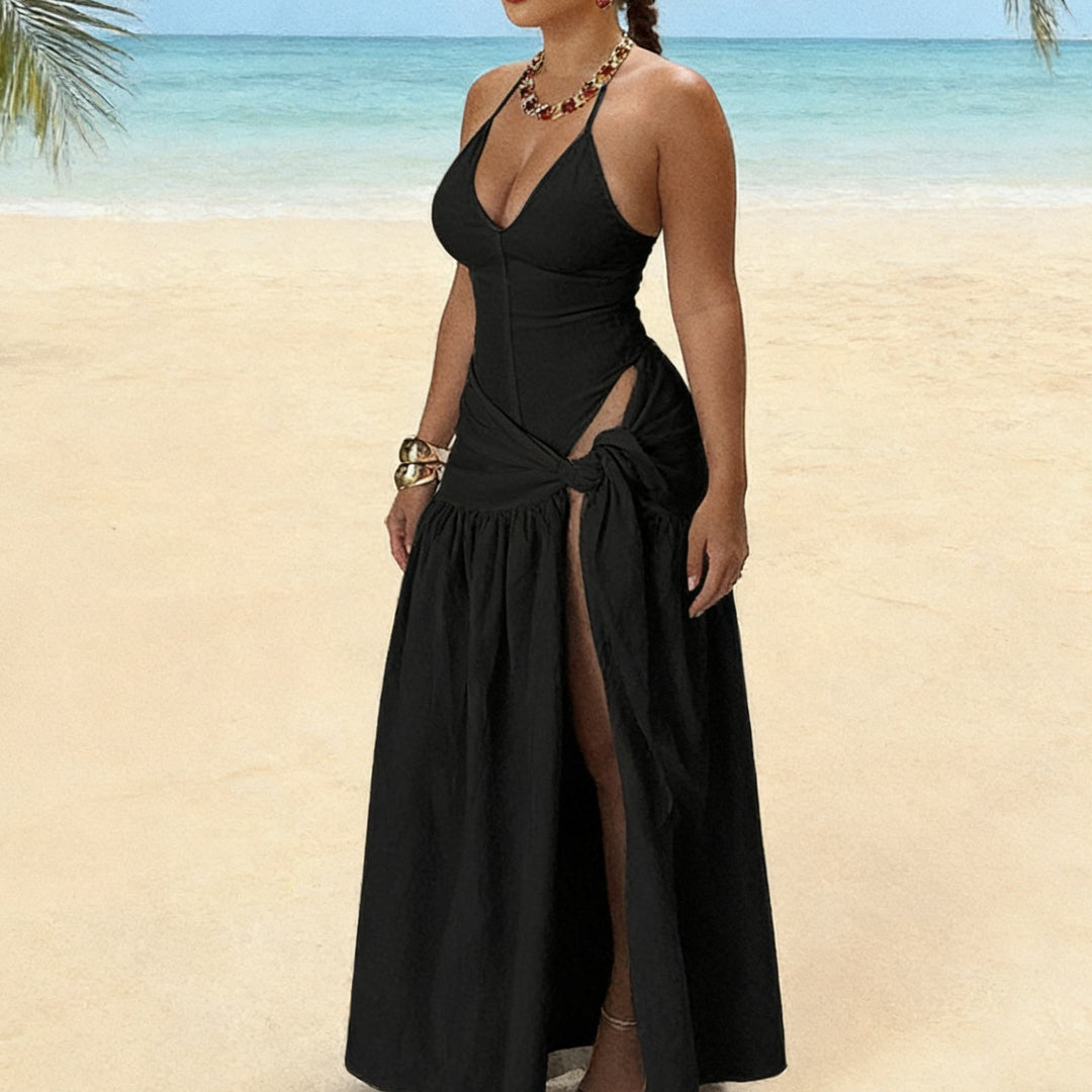 Damen Maxikleid mit knackigem V-Ausschnitt und verspielten Drapierungen Drune