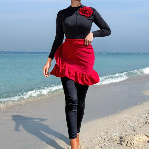 Damen Modischer Badeanzug mit Rock und Langarm Drune