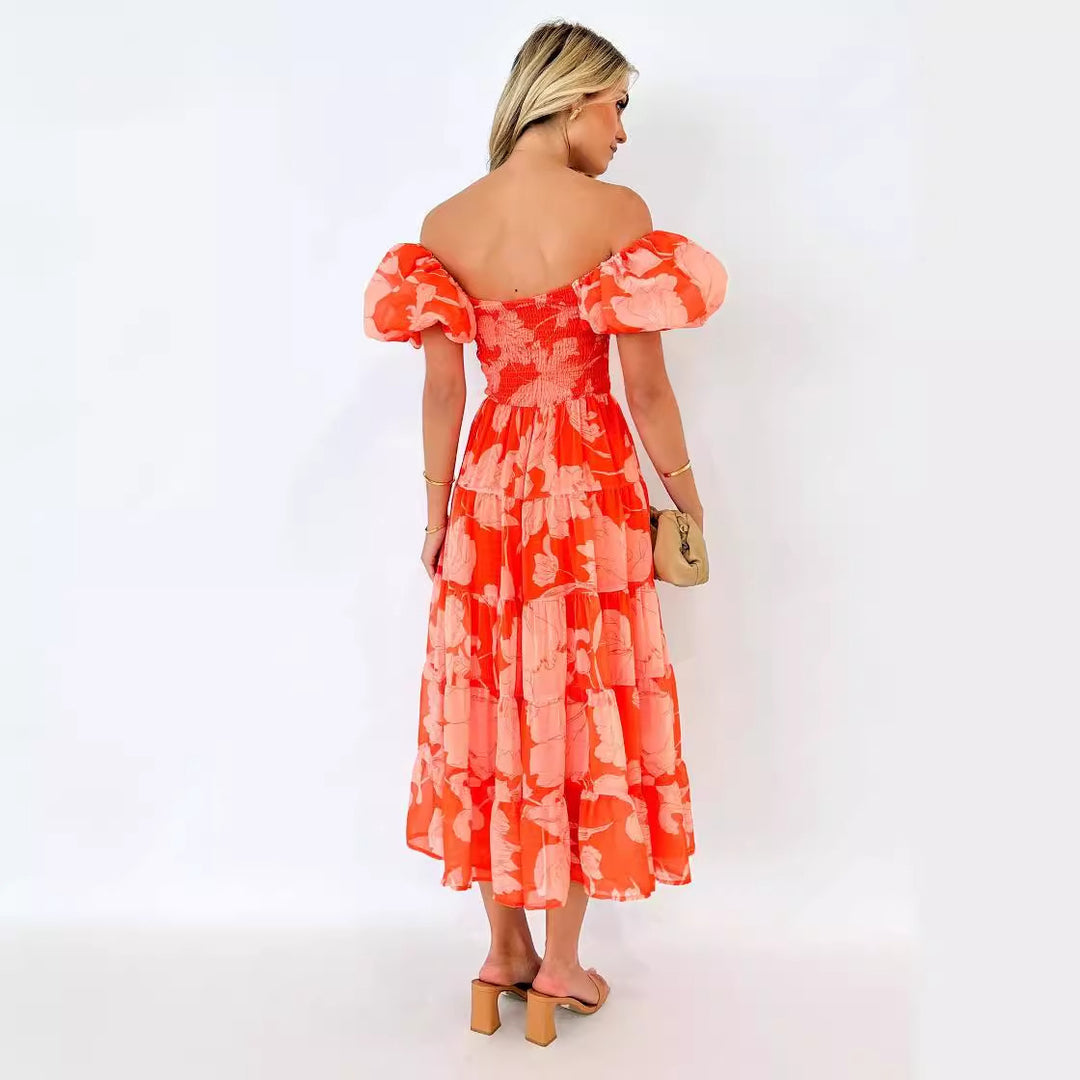 Damen Maxikleid mit Puffärmeln und floralem Design Drune
