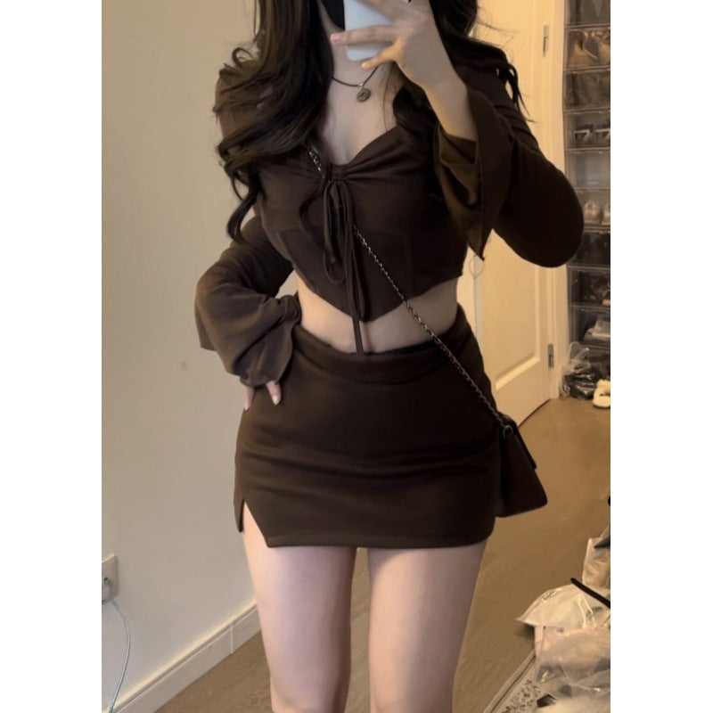 Damen Crop-Top mit dekorativem Bindegürtel und weitem Arm Drune
