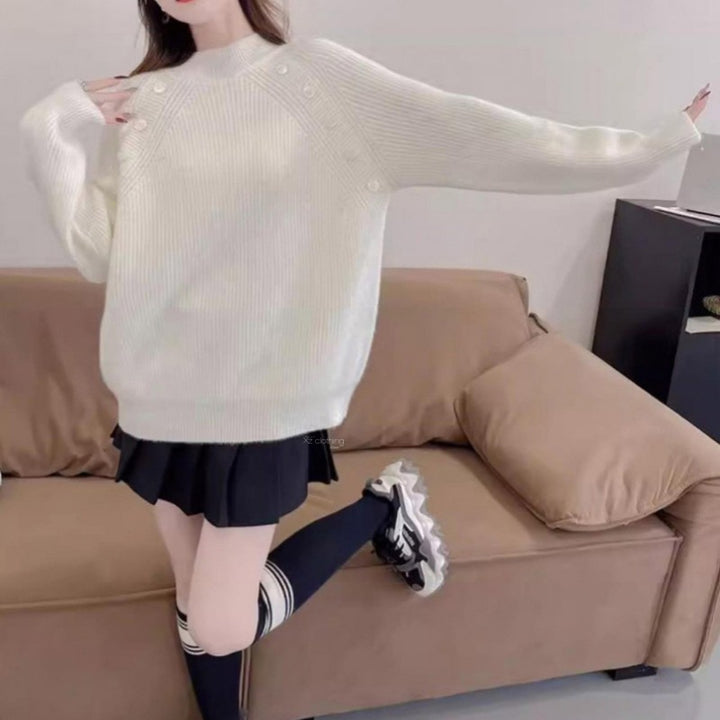 Damen Grobstrickpullover mit modernem Stehkragen und Knopfdetails Drune