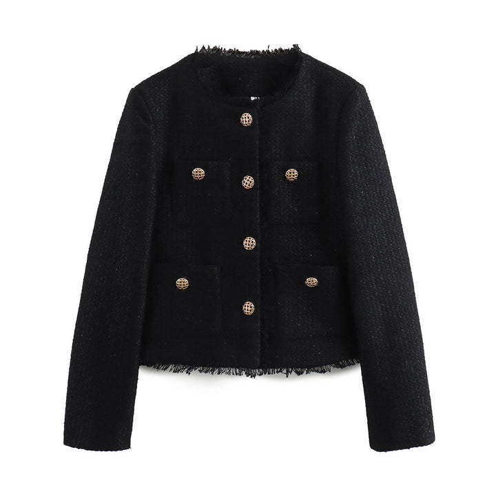 Damen elegante Tweed-Jacke mit Fransen und dekorativen Knöpfen Drune