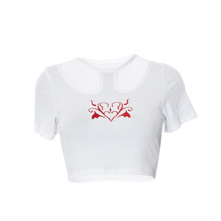 Damen Crop-Top mit kreativem Cut-Out und gesticktem Herzdesign Drune