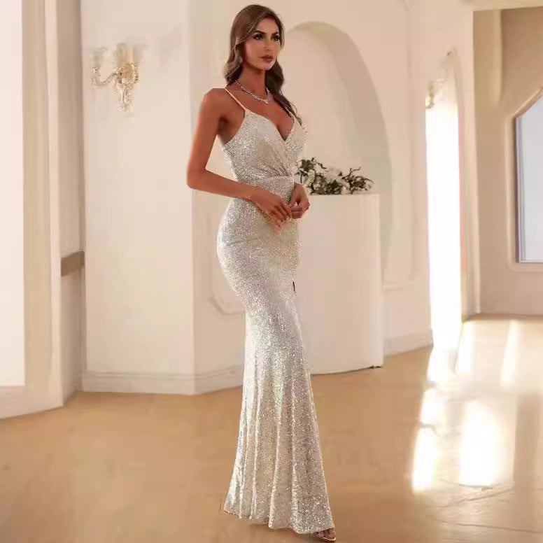 Damen Glitzerndes Abendkleid mit tiefem V-Ausschnitt und elegantem Schlitz Drune