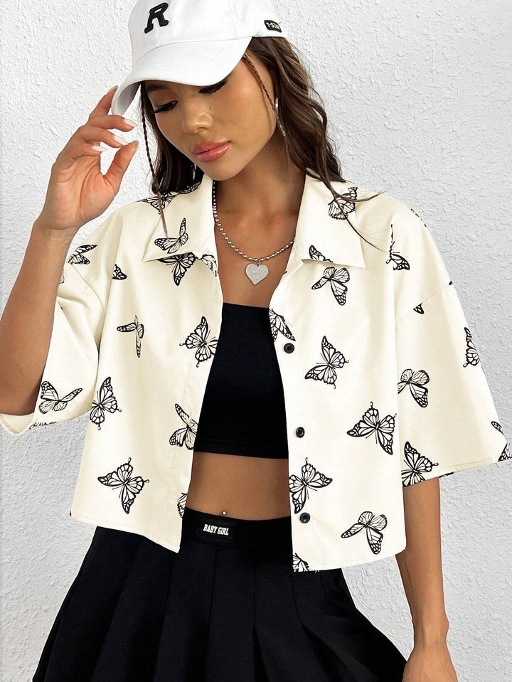 Damen Kurze Bluse mit Schmetterlingsmuster Drune