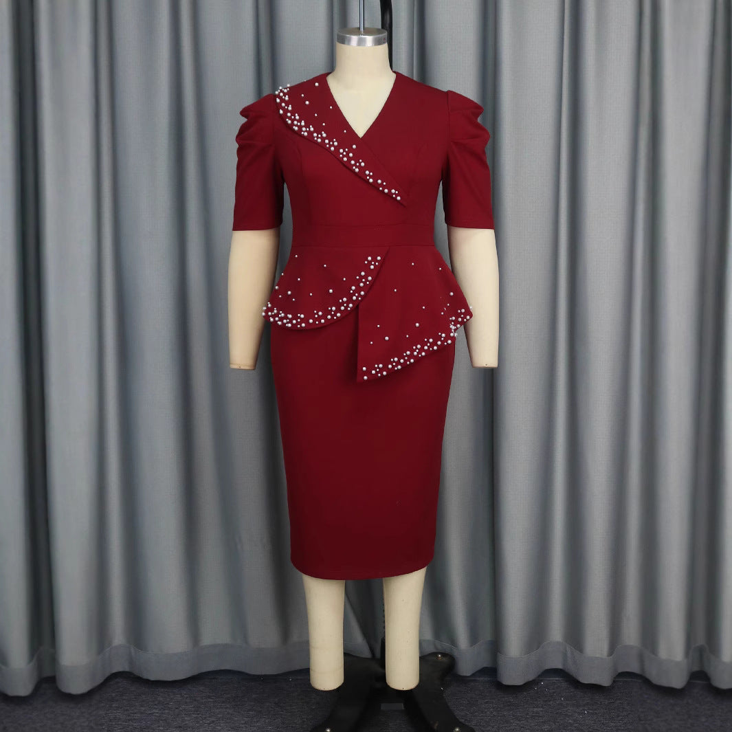 Damen figurbetontes Wickelkleid mit Rüschen und Perlenakzenten Drune