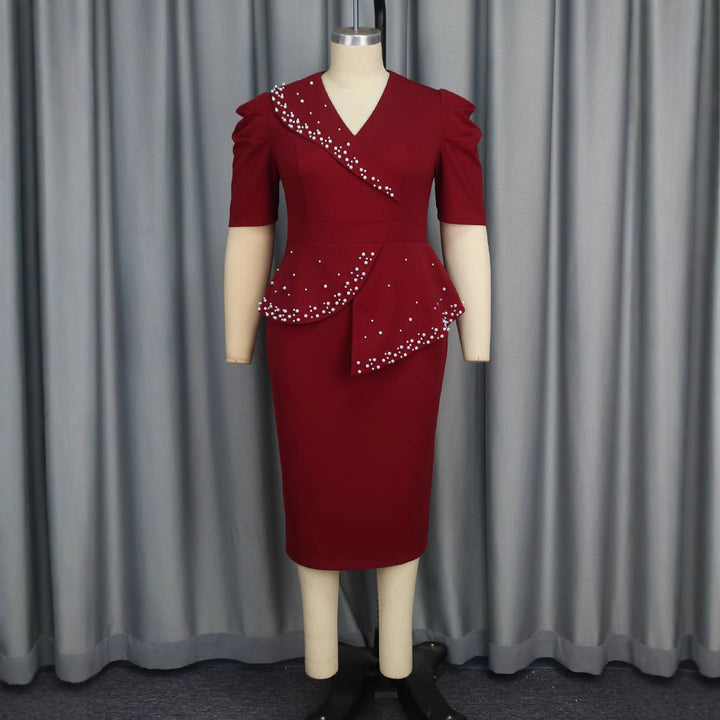 Damen figurbetontes Wickelkleid mit Rüschen und Perlenakzenten Drune
