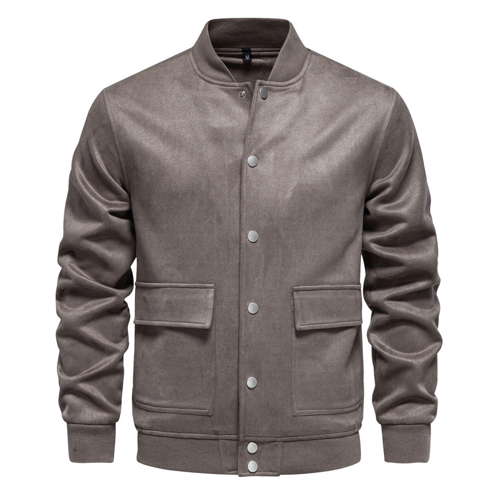 Herren nan Wildlederoptik-Collegejacke mit Druckknopfverschluss, Pattentaschen und geripptem Saum Drune