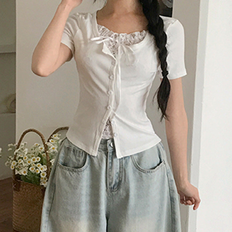 Damen Spitzen-Oberteil mit schulterfreiem Design und eleganter Schnürung Drune