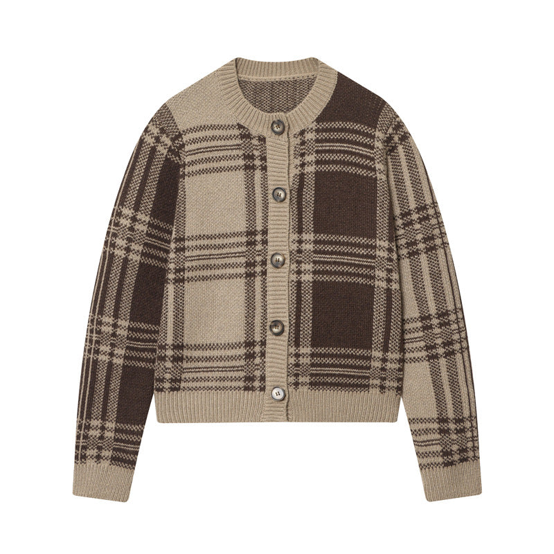 Damen modischer Karoknit-Pullover mit Knopfleiste und Rundhalsausschnitt Drune
