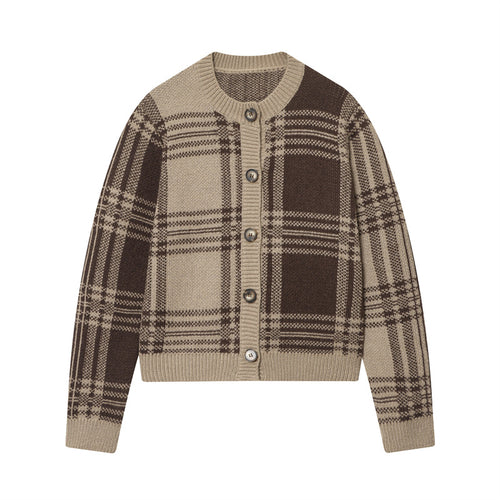 Damen modischer Karoknit-Pullover mit Knopfleiste und Rundhalsausschnitt Drune