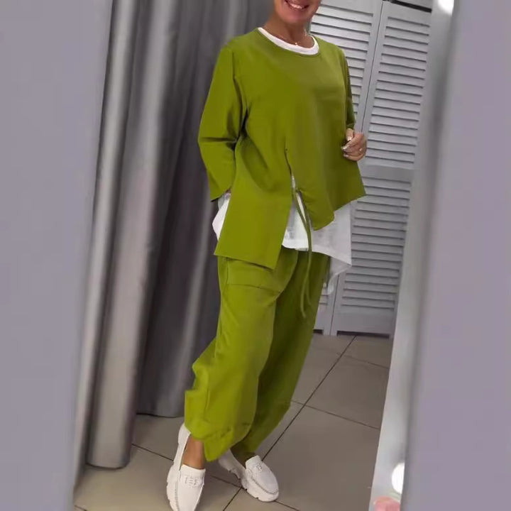 Damen Lässiges zwei-teiliges Freizeit-Set mit asymmetrischem Oberteil und bequemen Hosen Drune